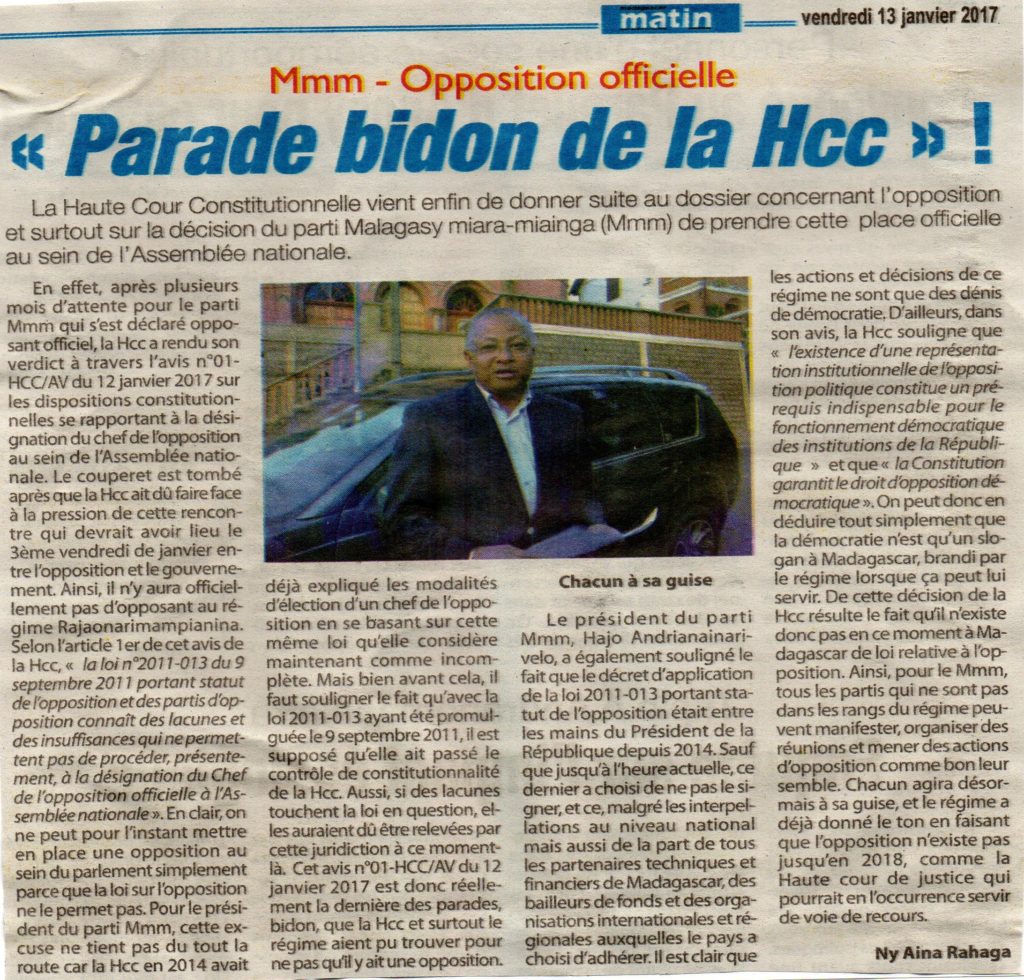 Mmm – Opposition officielle << Parade bidon de la Hcc >>!