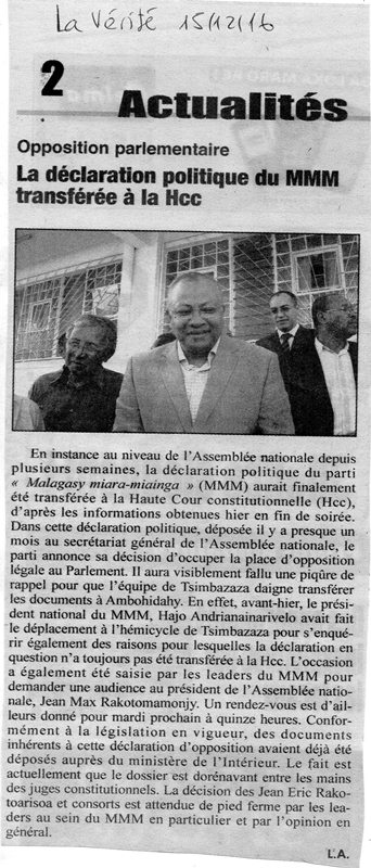 Opposition parlementaire : « La déclaration politique du MMM transférée à la Hcc »