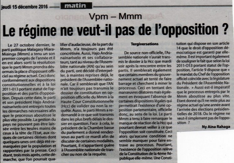 Vpm – Mmm: Le régime ne veut-il pas de l’opposition?