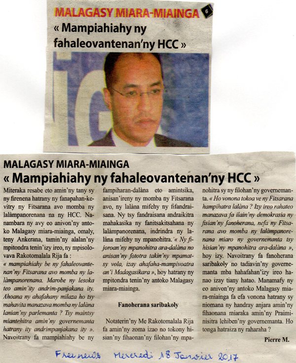 MMM : « Mampiahiahy ny fahaleovantenan’ny HCC »