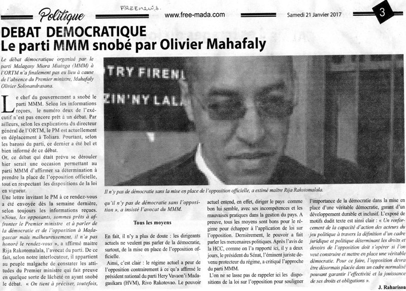 DEBAT DEMOCRATIQUE : Le parti MMM snobé par Olivier Mahafaly