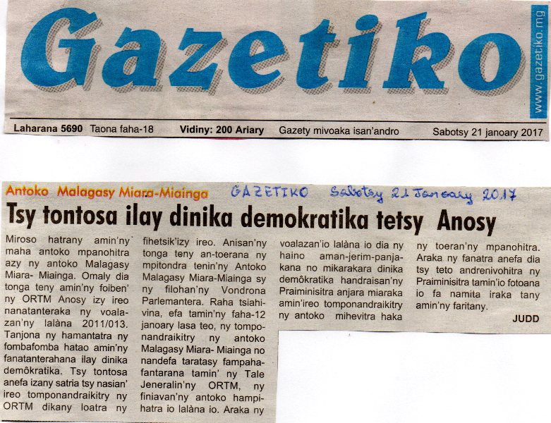 Antoko MMM : Tsy tontosa ilay dinika demokratika tetsy Anosy