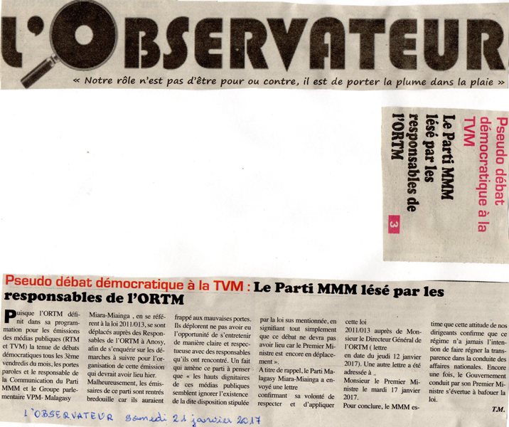 Le Parti MMM lésé par les responsables de l’ORTM
