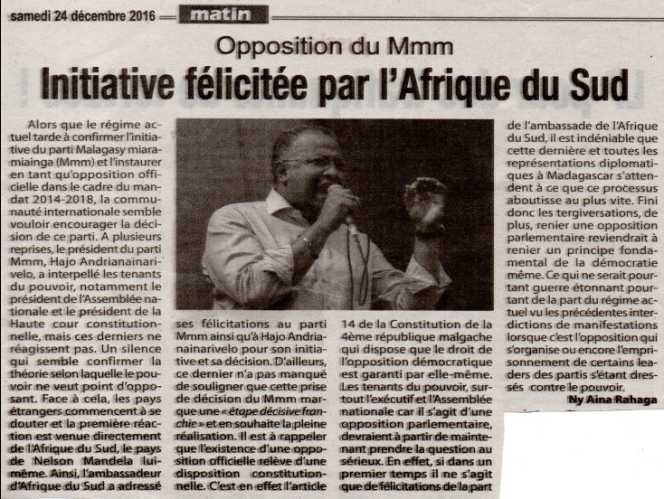 Opposition du Mmm : Initiative félicitée par l’Afrique du Sud