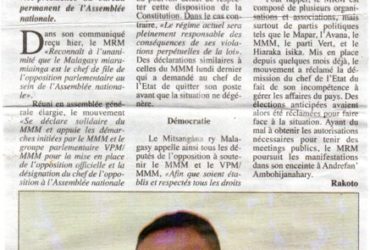Opposition parlementaire : Mijangàna ry Malagasy soutient le MMM