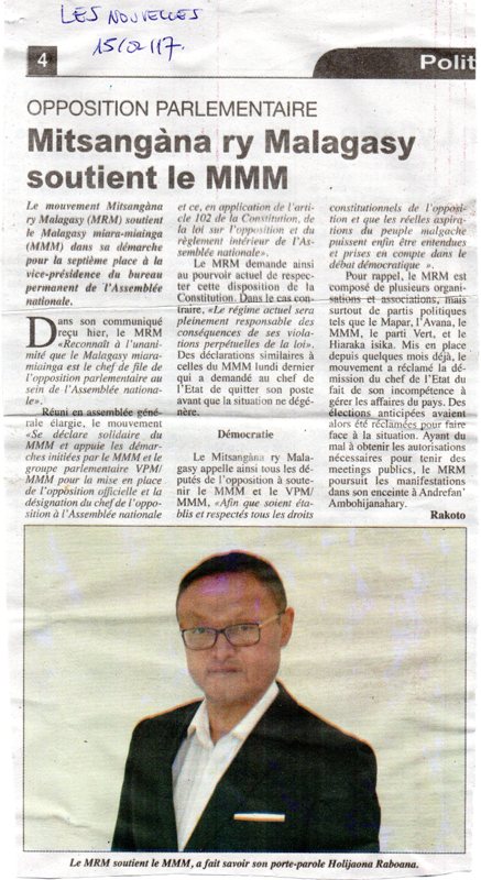 Opposition parlementaire : Mijangàna ry Malagasy soutient le MMM