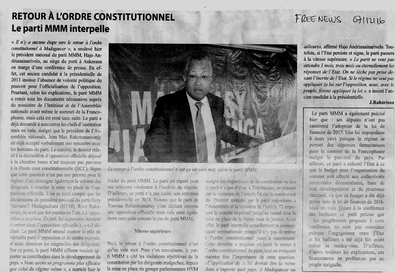 Retour à l’ordre constitutionnel : Le Parti MMM interpelle