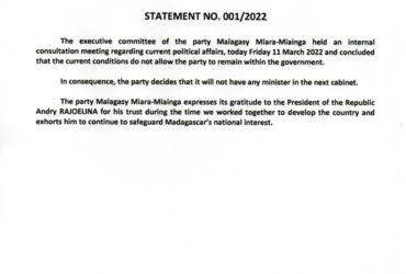 ANTOKO “MALAGASY MIARA-MIAINGA”,STATEMENT NO. 001/2022