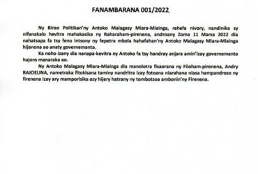 ANTOKO “MALAGASY MIARA-MIAINGA”, Fanambarana 11 Marsa 2022